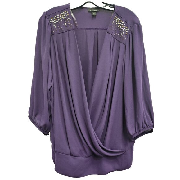 ALYX Womens Blouse Top Size 1X Purple Embellished 3/4 Sleeve Wrap Glam Timeless - Picture 1 of 10